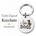 "I Love Dogs" Gold Keychain, Custom Pet Name Engraved