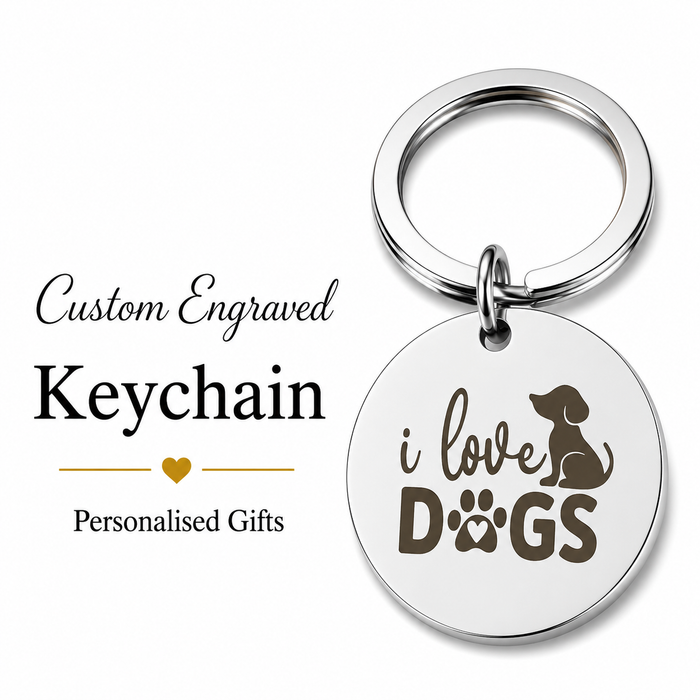 "I Love Dogs" Gold Keychain, Custom Pet Name Engraved