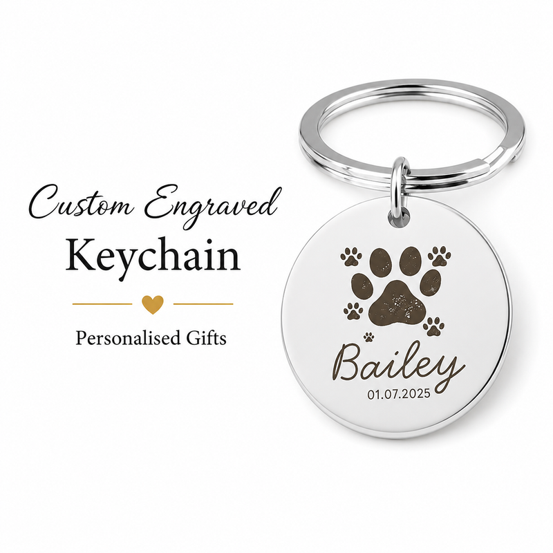 Pet Paw Print Name Keychain, Engraved Memorial Charm