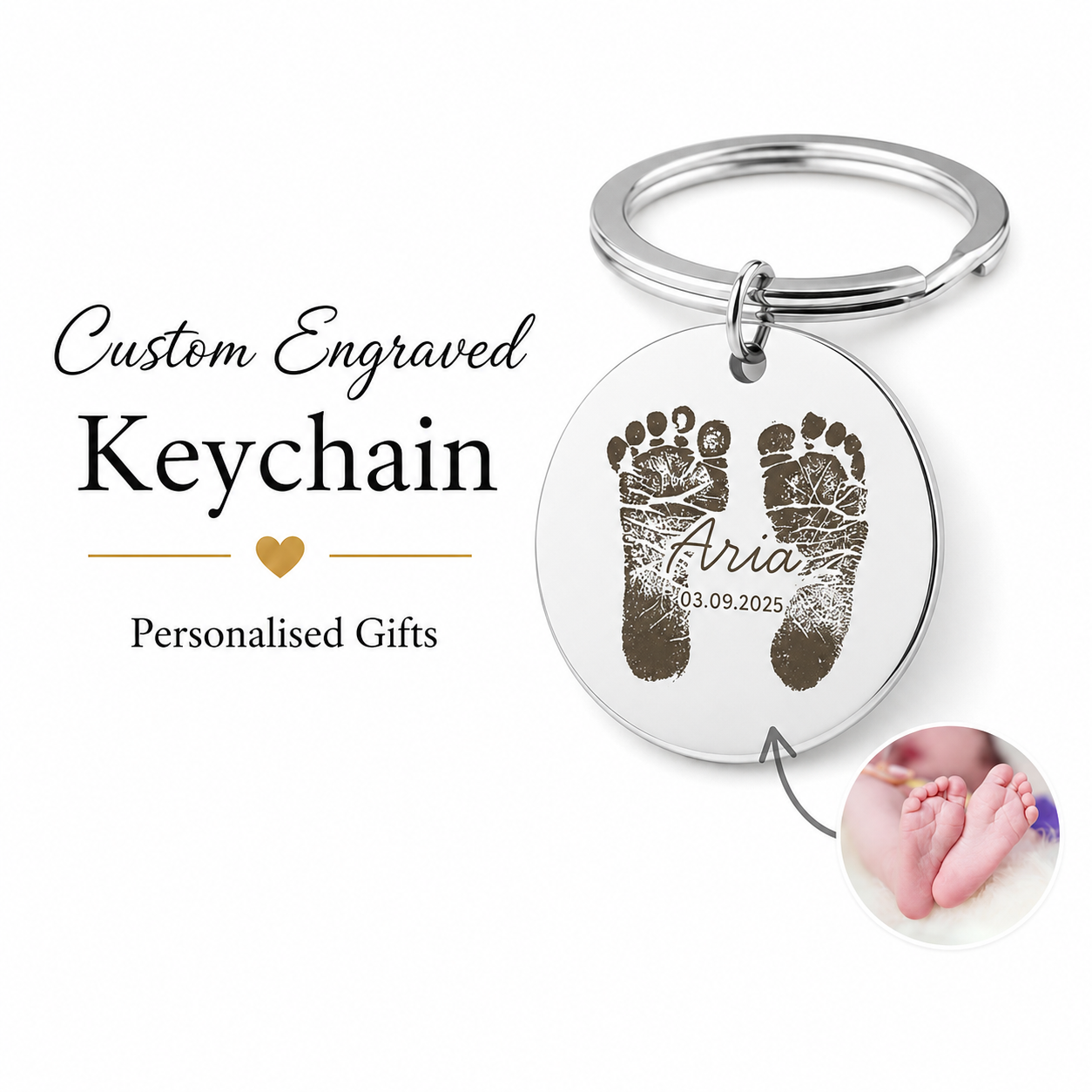 Baby Footprint Keychain, Personalised Engraved Newborn Gift