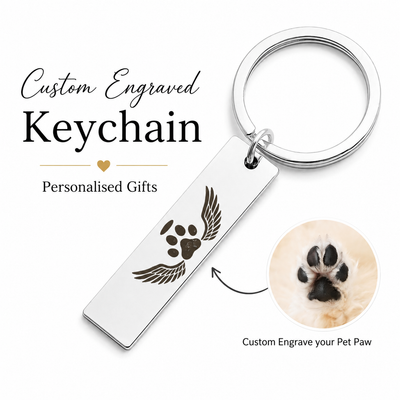 Pet Memorial Paw Print Keychain, Engraved Angel Wings Gift