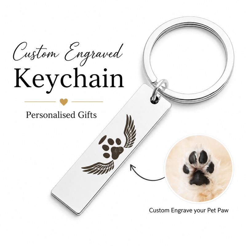 Pet Memorial Paw Print Keychain, Engraved Angel Wings Gift