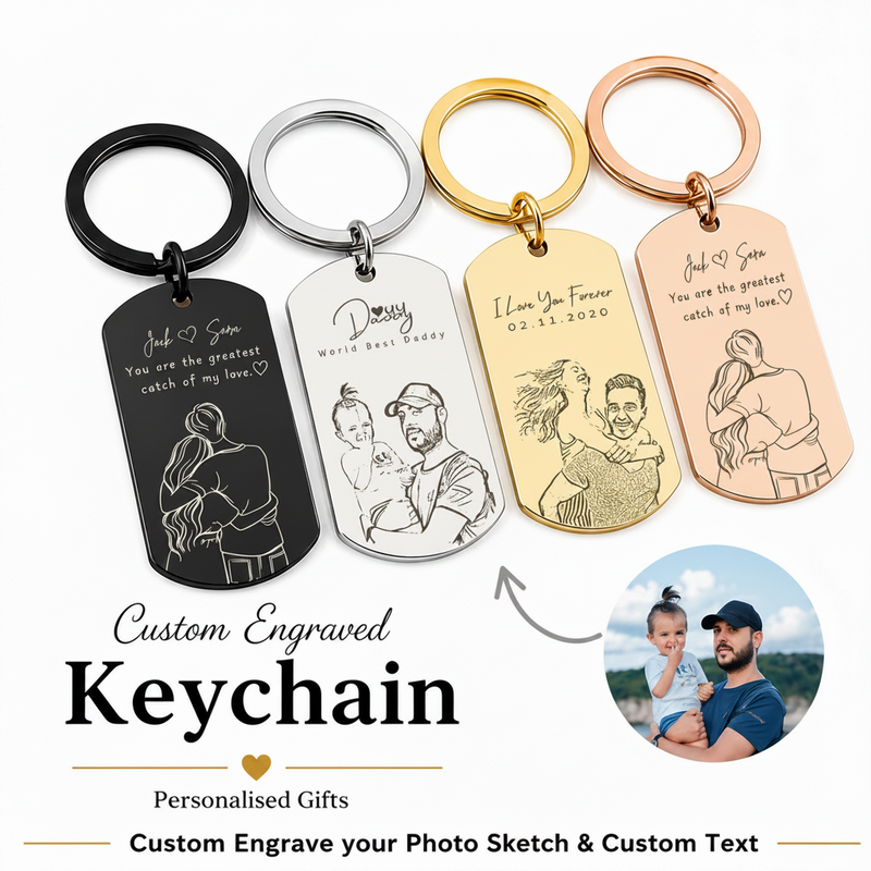 Custom Photo Sketch Keychain, Engraved Memory Gift