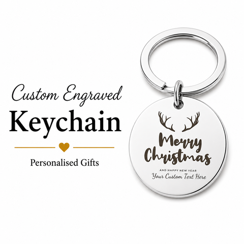 Merry Christmas Personalised Keychain, Engraved Reindeer Gift