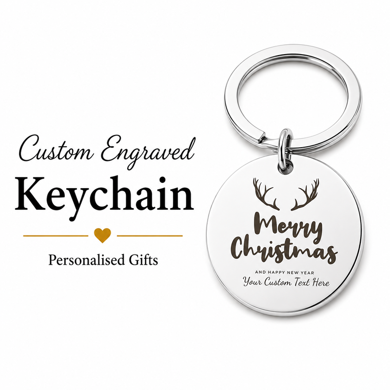 Merry Christmas Personalised Keychain, Engraved Reindeer Gift