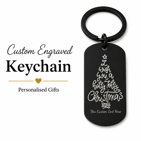 Holly Jolly Christmas Keychain, Engraved Xmas Tree Gift