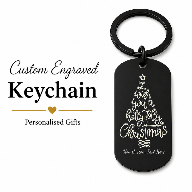 Holly Jolly Christmas Keychain, Engraved Xmas Tree Gift