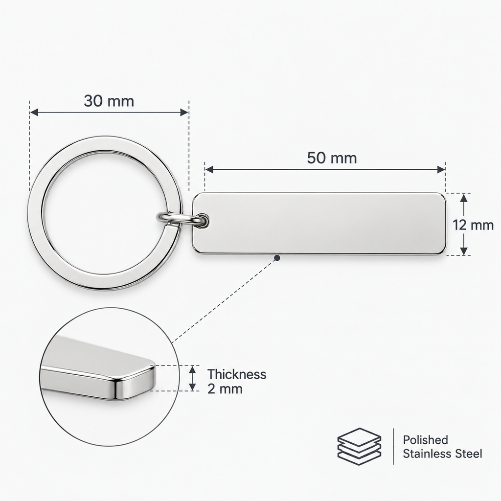 Silver stainless steel keychain with a round split ring and a rectangular blank tag, shown with dimension labels (30 mm ring diameter, 50 mm tag length, 12 mm tag height, 2 mm thickness) on a light gray background.