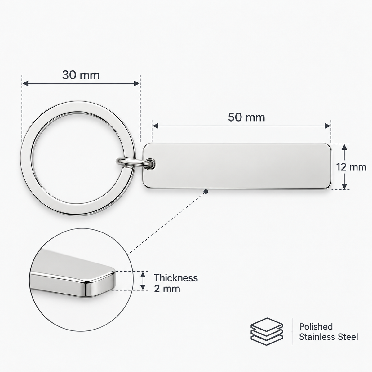 Silver stainless steel keychain with a round split ring and a rectangular blank tag, shown with dimension labels (30 mm ring diameter, 50 mm tag length, 12 mm tag height, 2 mm thickness) on a light gray background.