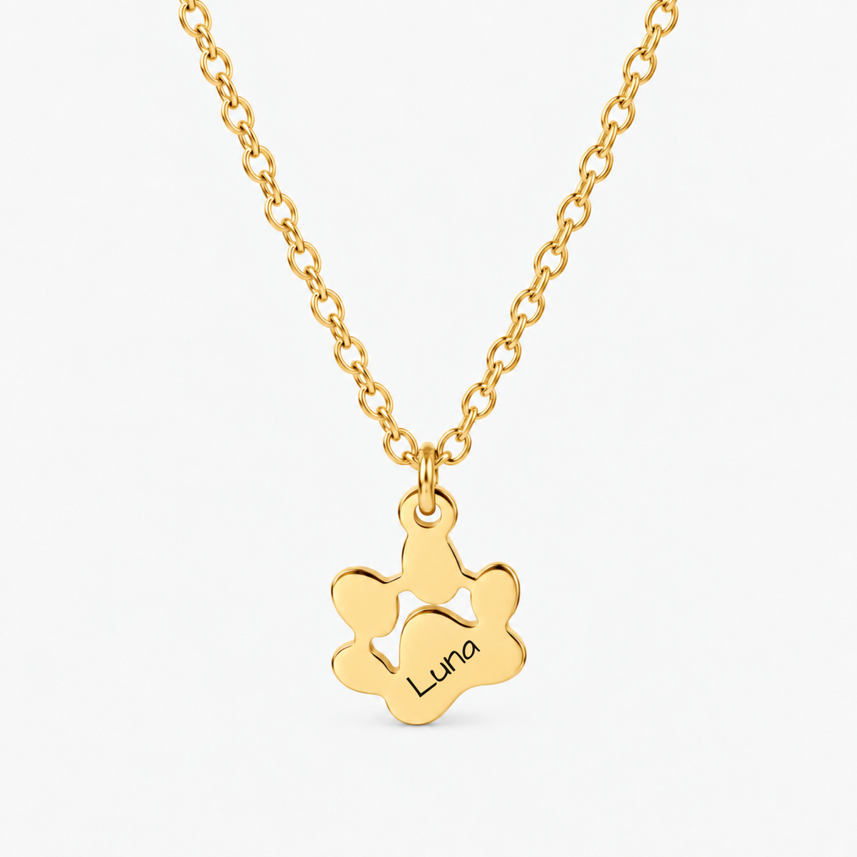 A gold necklace with a paw print pendant featuring a small heart cutout in the middle, engraved with the name 'Luna', shown on a clean white background.