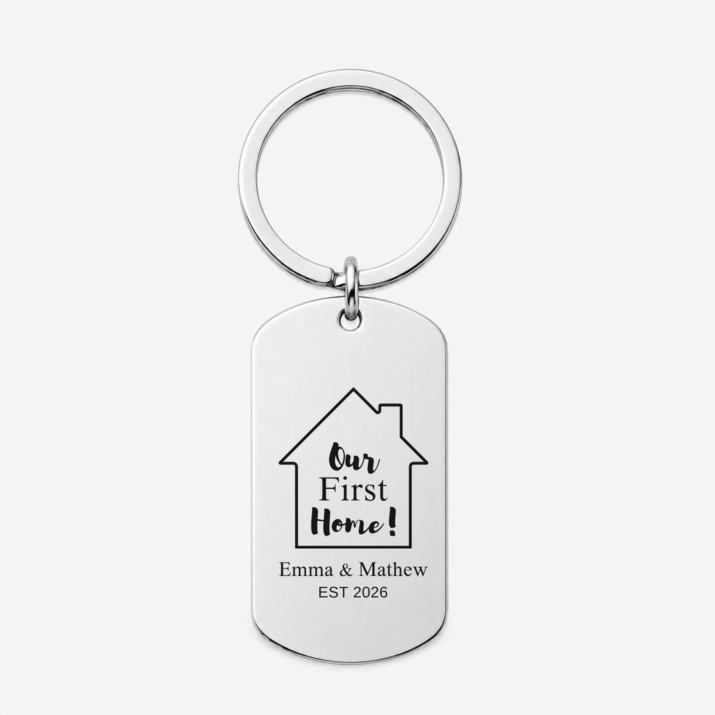 First Home Keychain, Custom Engraved Housewarming Gift