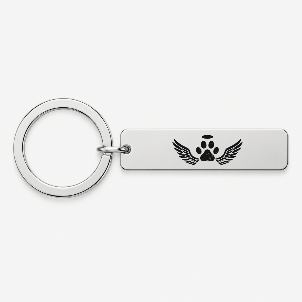 Pet Memorial Paw Print Keychain, Engraved Angel Wings Gift