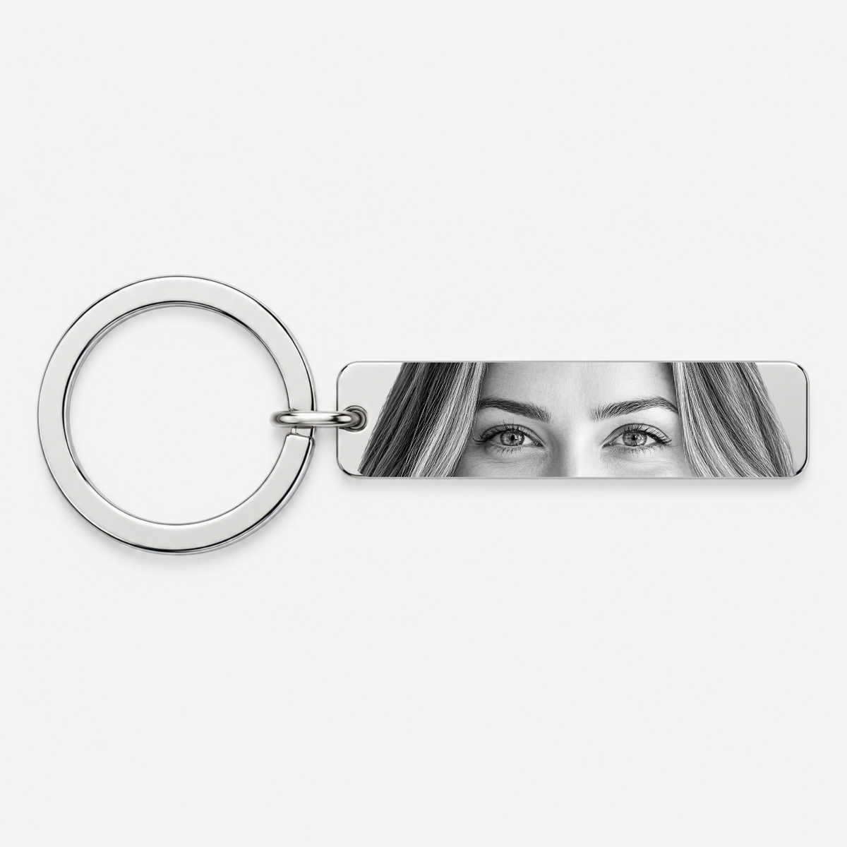 Personalised eyes photo keychain in silver finish with custom engraved eyes