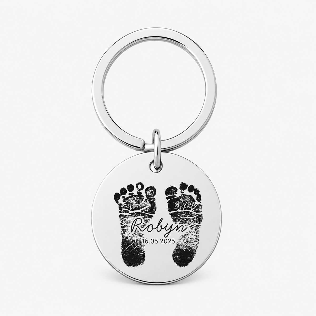 Stainless Steel "Baby Footprint & Name" Engraved Keychain