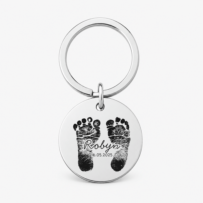 Stainless Steel "Baby Footprint & Name" Engraved Keychain
