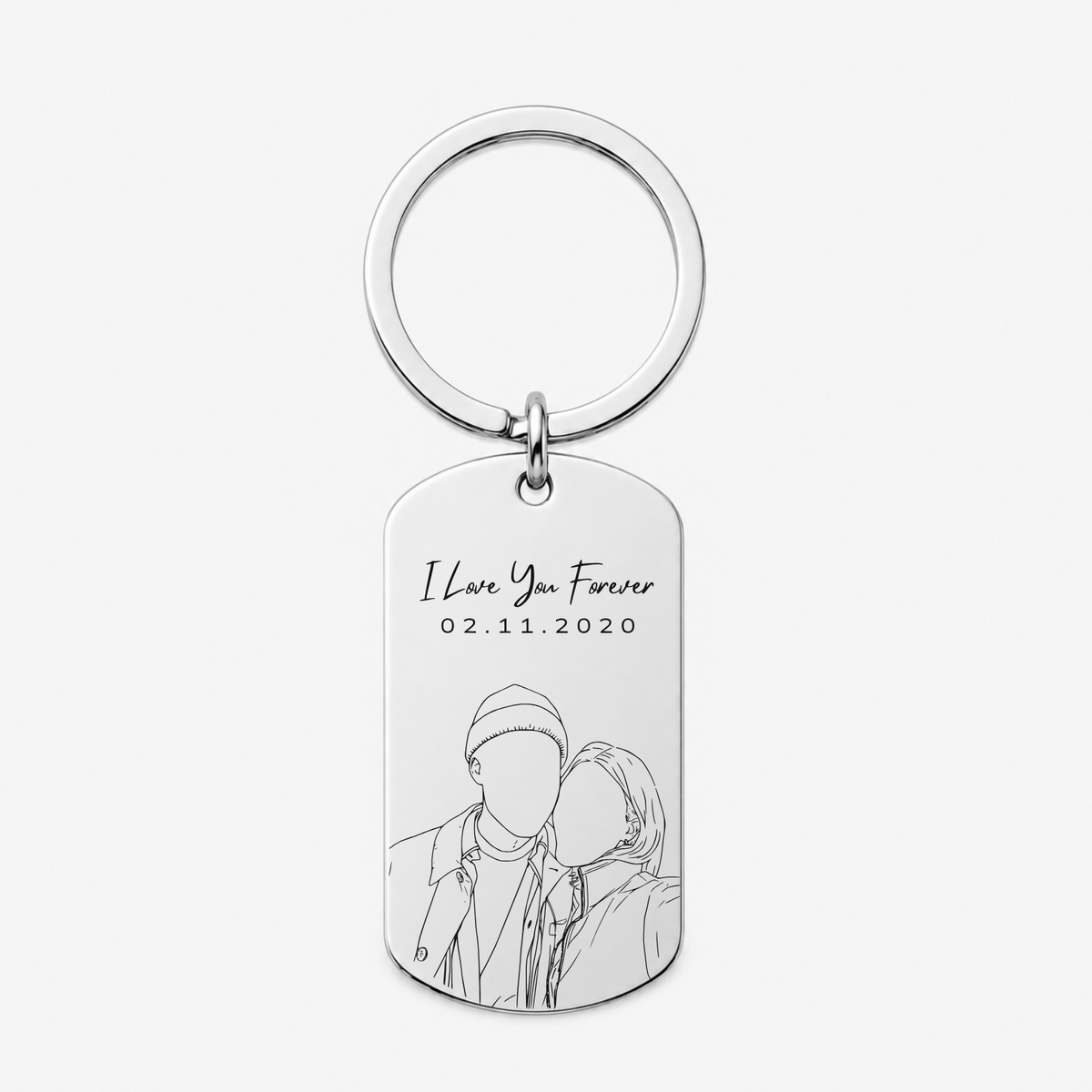 A silver metal dog tag keychain with a circular split ring, featuring engraved text reading 'I Love You Forever' and the date '02.11.