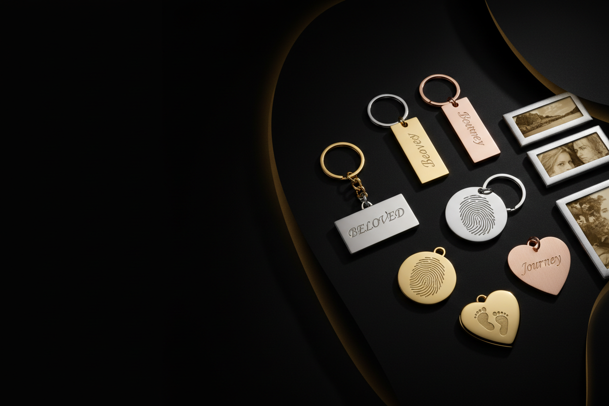 A luxury Shopify hero banner with a dark matte black background and soft golden highlights.
Right side displays premium engraved metal keychains featuring custom text engraving, fingerprint engraving, and footprint engraving.
Polished gold, silver, and rose gold finishes glowing subtly against the dark background.
A few personalized photo fridge magnets with custom images placed elegantly nearby.
Dramatic studio lighting, cinematic shadows.
Left side clean, dark, and empty for text overlay.
High-end, premiu