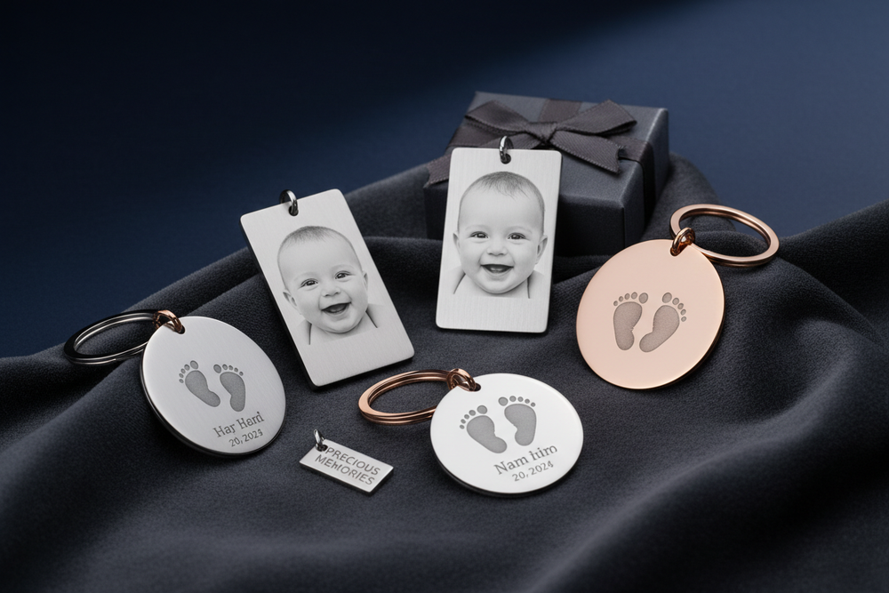 add baby image on keychains also and dark color background 