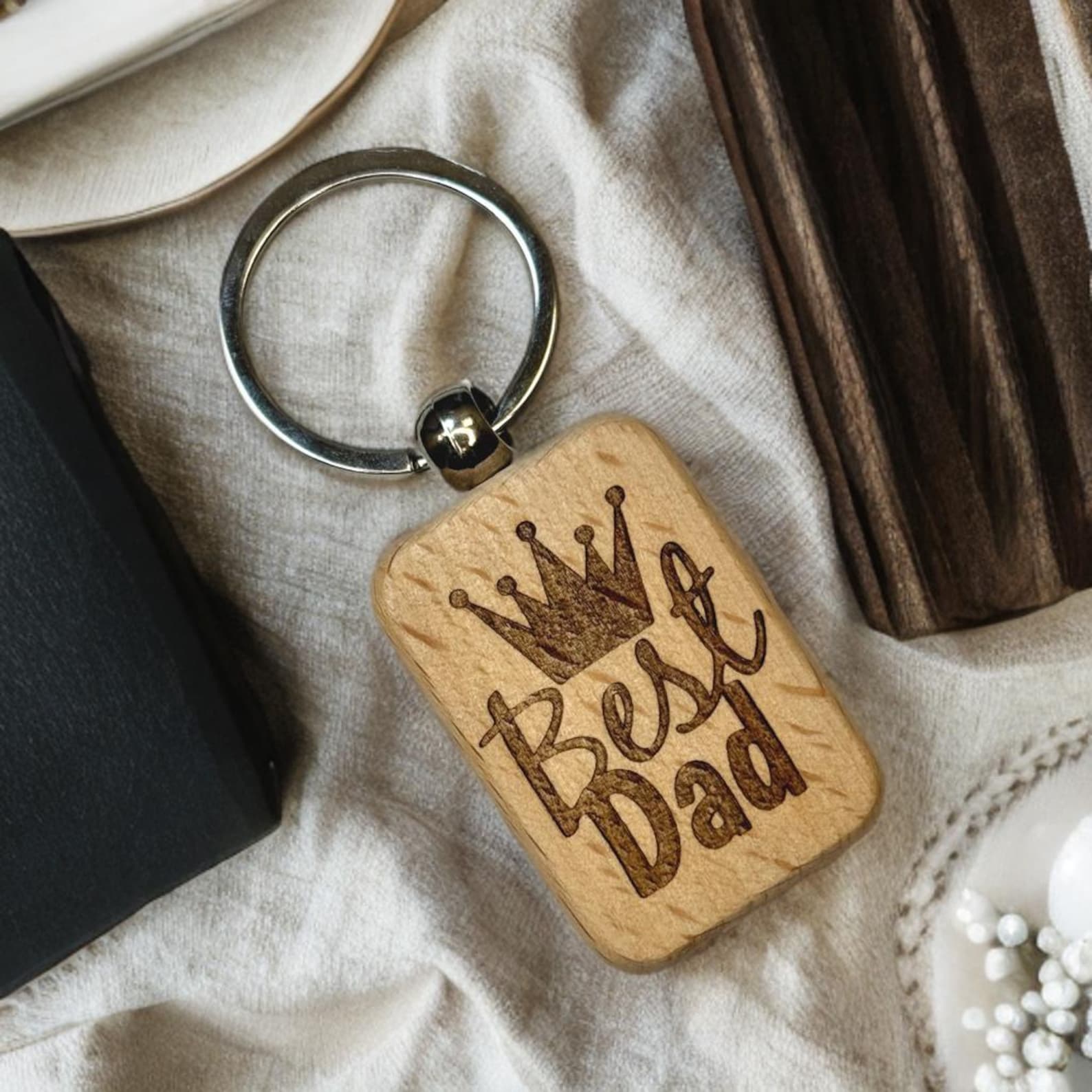 Leather Strap "Best Dad" Engraved Wooden Keychain