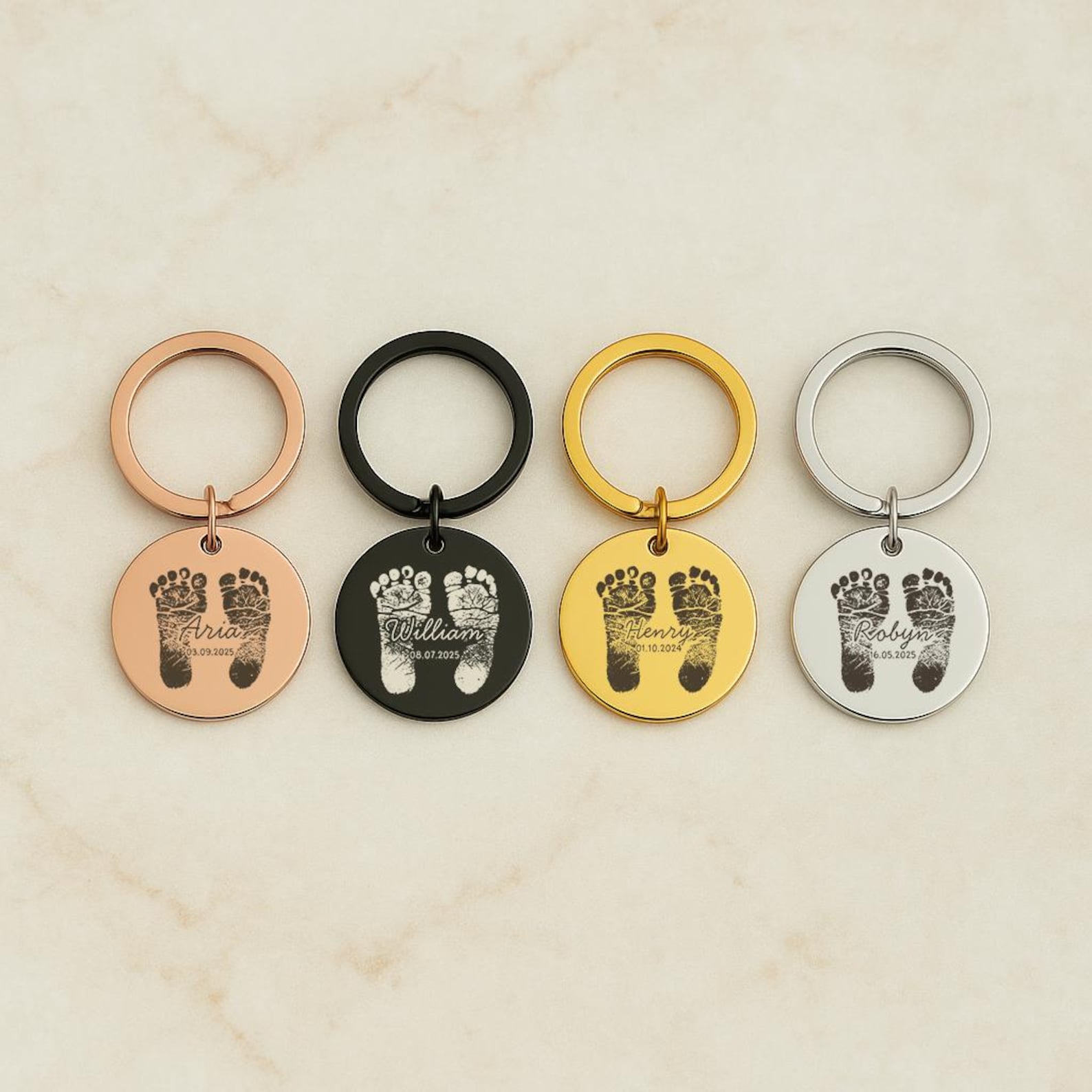 Stainless Steel "Baby Footprint & Name" Engraved Keychain