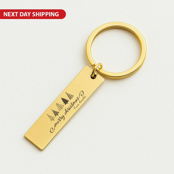 Personalised Christmas Bar Keychain, Custom Name Xmas Tree Keyring, Engraved Holiday Stocking Filler Gift, Secret Santa Christmas Keepsake