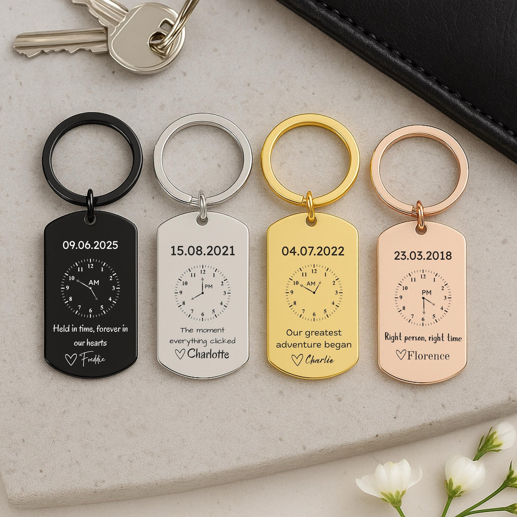 Personalised Time Clock Keyring – Custom Date Gift