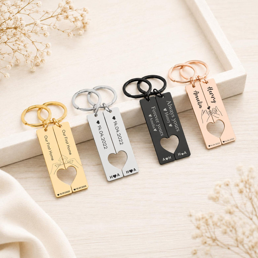Matching Couple Heart Keyrings – Engraved Initial Set