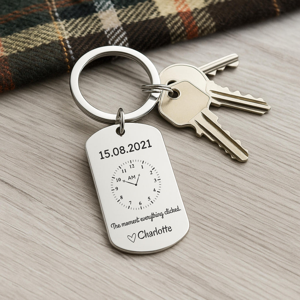 Personalised Time Clock Keyring – Custom Date Gift