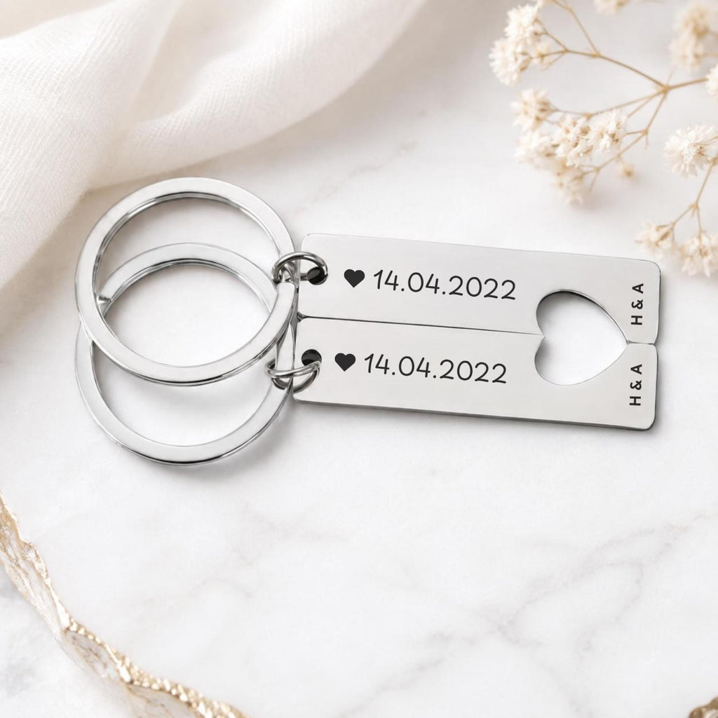 Matching Couple Heart Keyrings – Engraved Initial Set