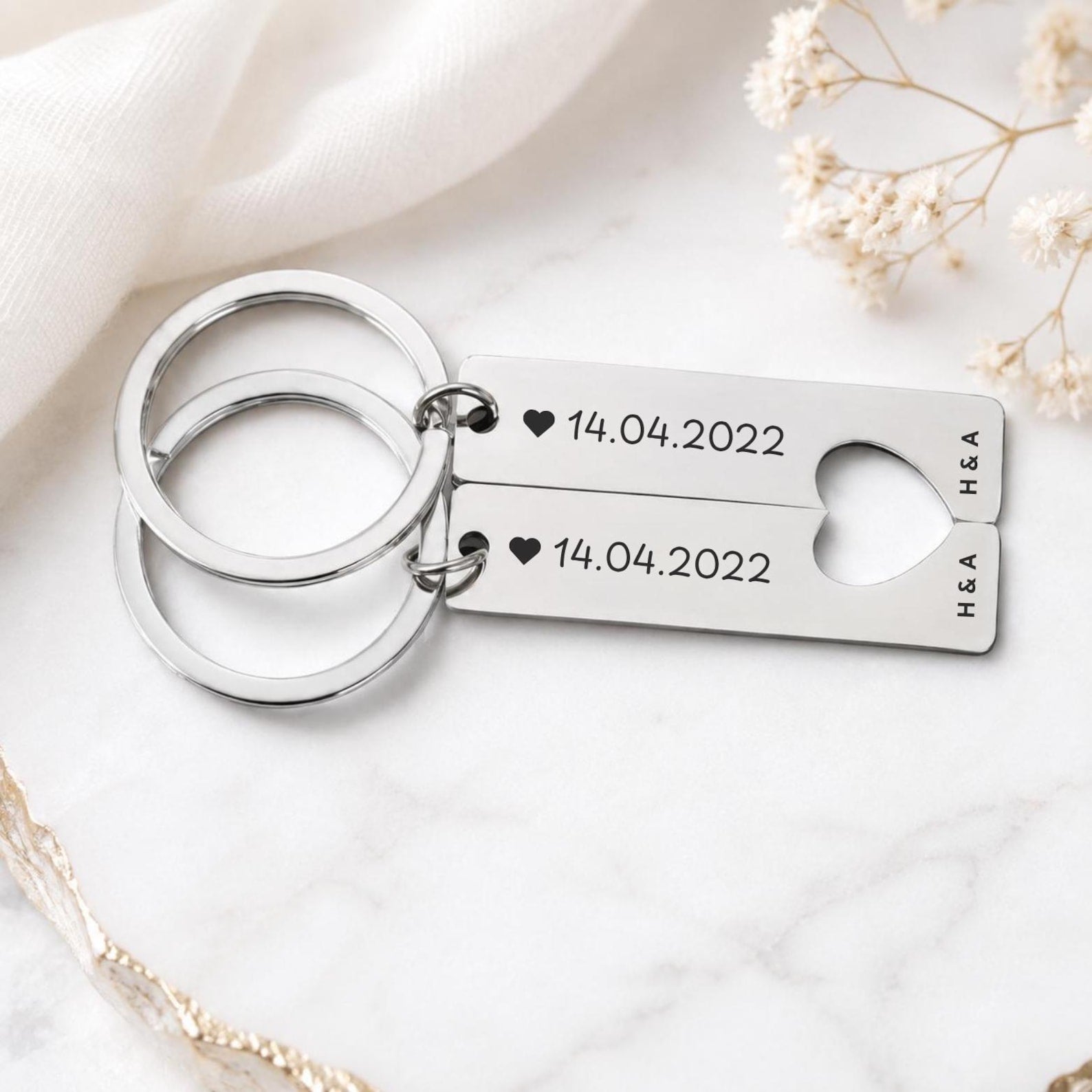 Matching Couple Heart Keyrings – Engraved Initial Set
