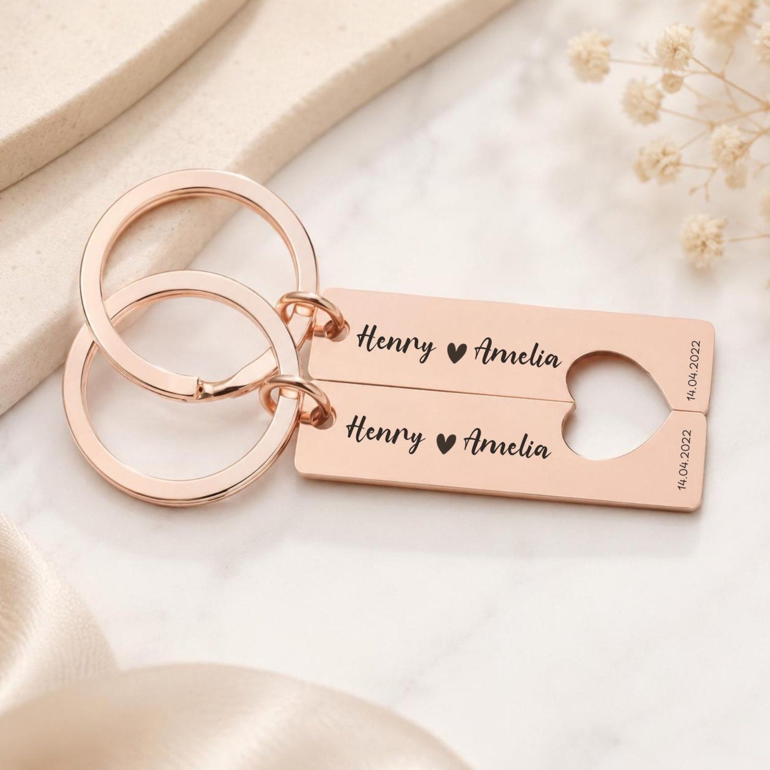 Matching Couple Heart Keyrings – Engraved Initial Set