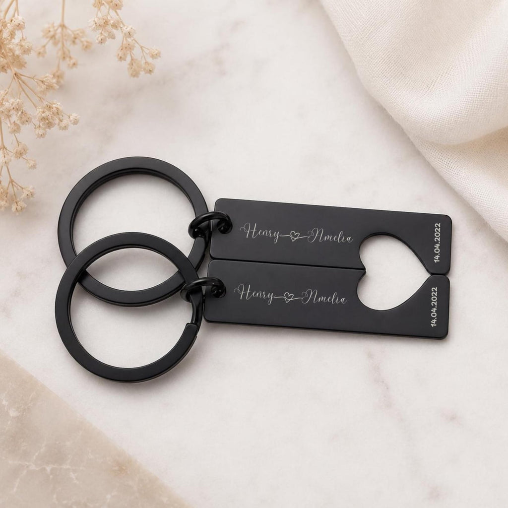 Matching Couple Heart Keyrings – Engraved Initial Set