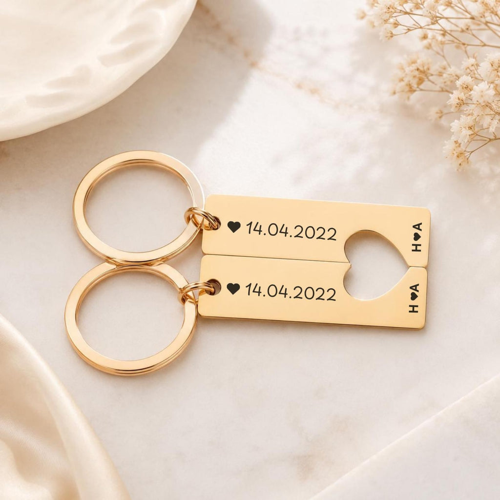 Matching Couple Heart Keyrings – Engraved Initial Set