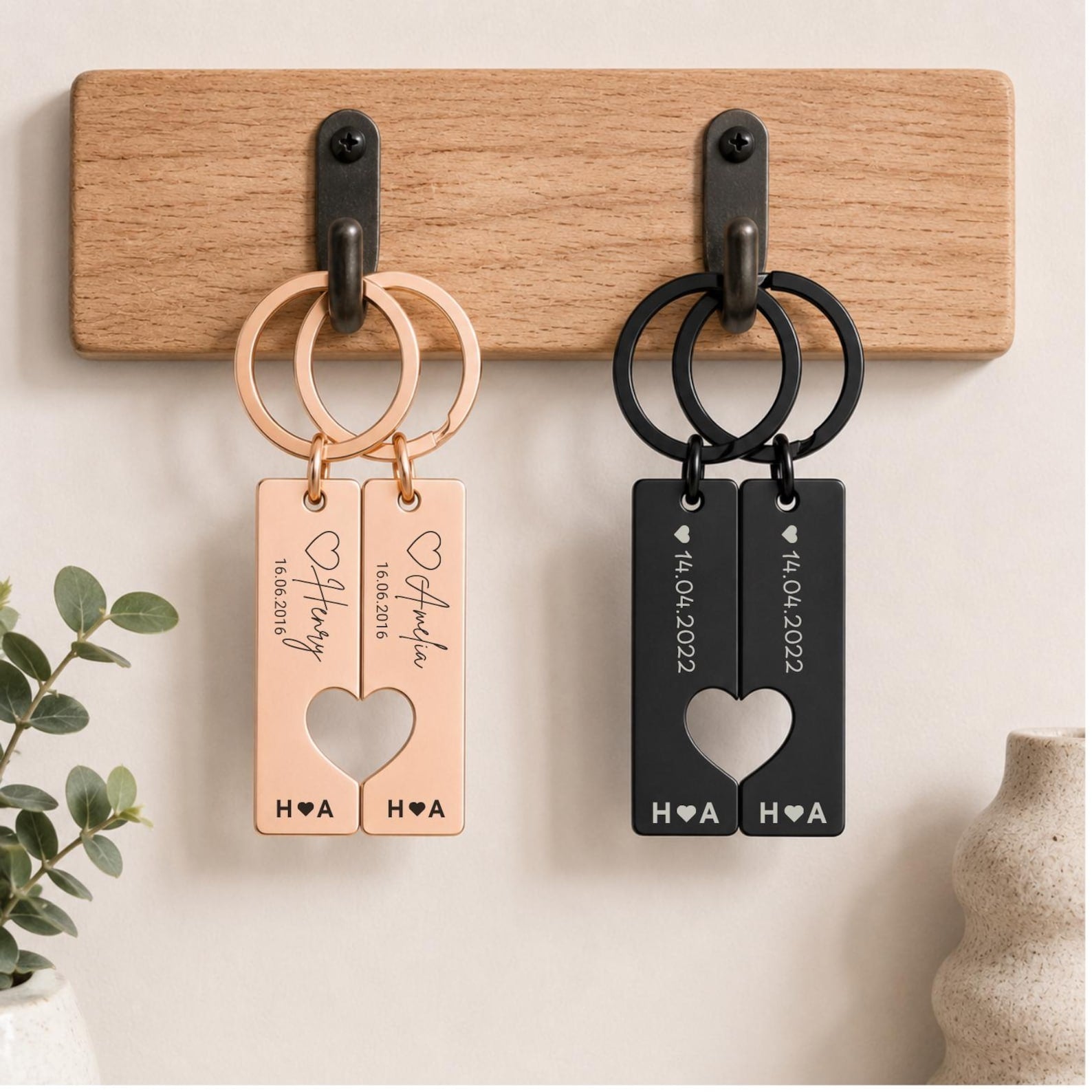 Matching Couple Heart Keyrings – Engraved Initial Set
