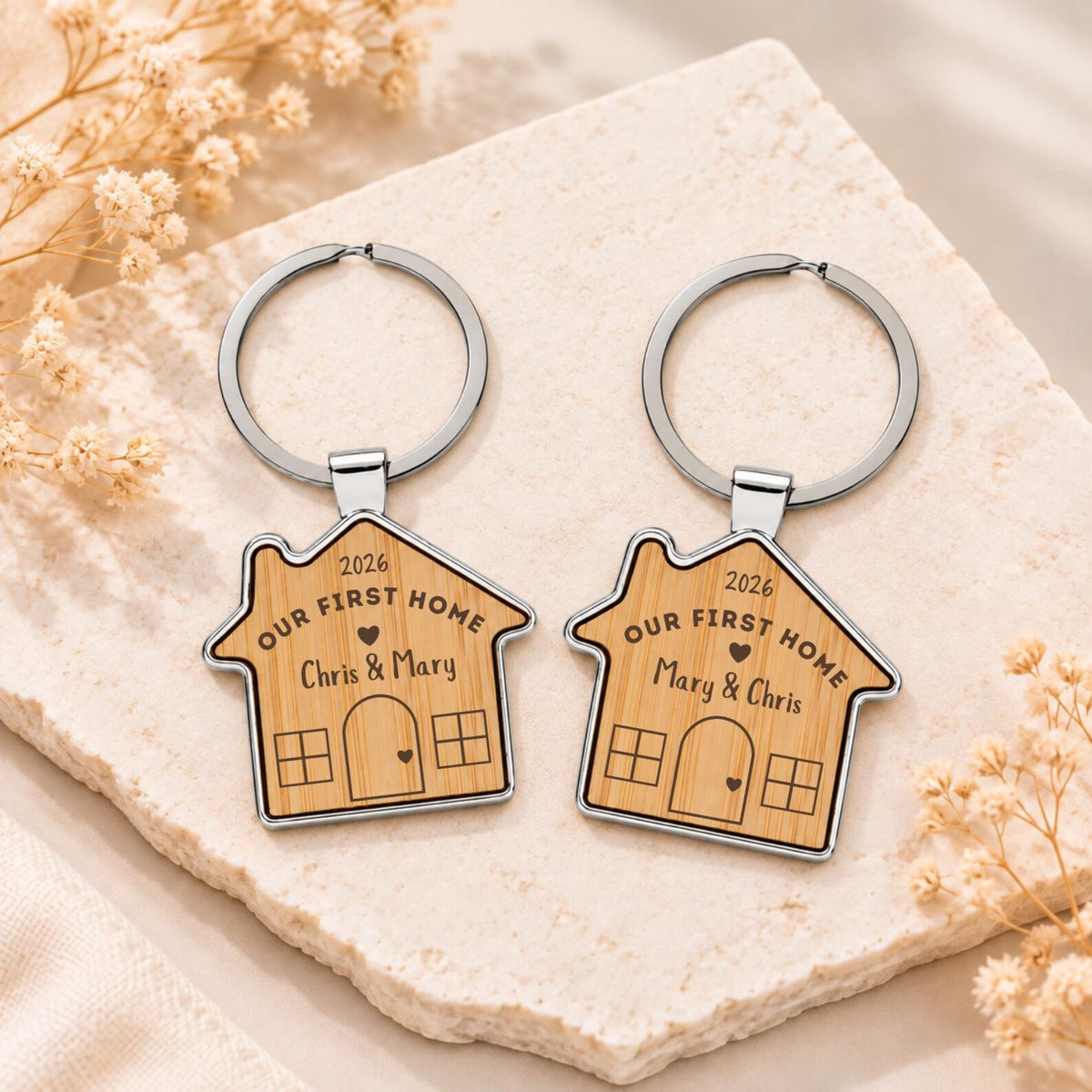 Our First Home Wooden Keyring Set for Couples