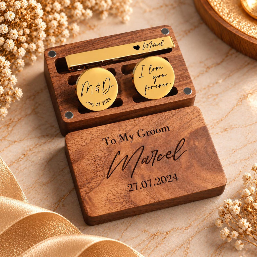 Engraved Cufflinks & Tie Clip Set – Christmas Gift for Him