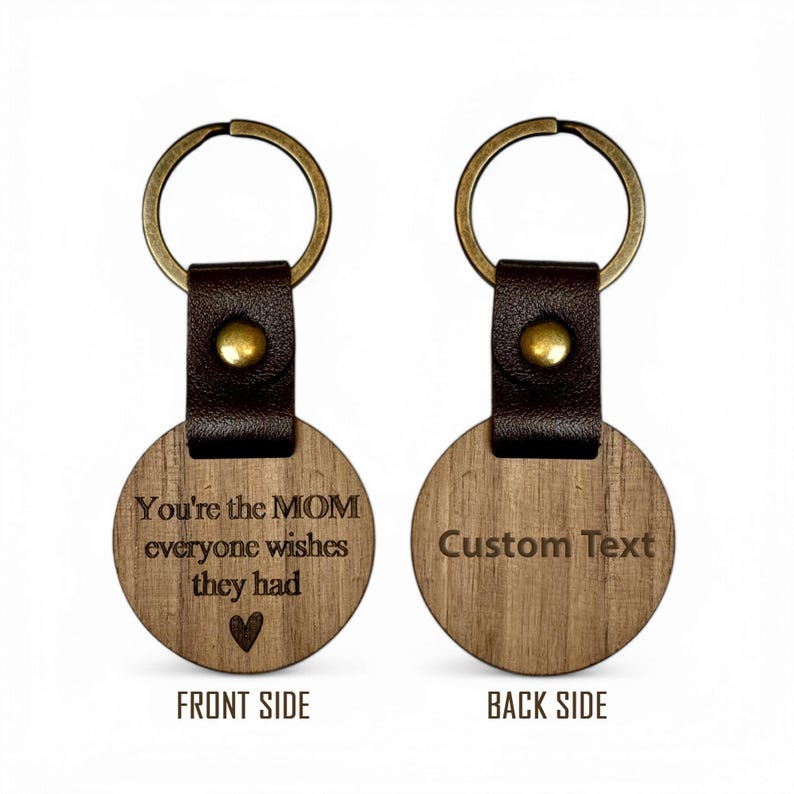 Personalized Wood & Leather Mom Keychain