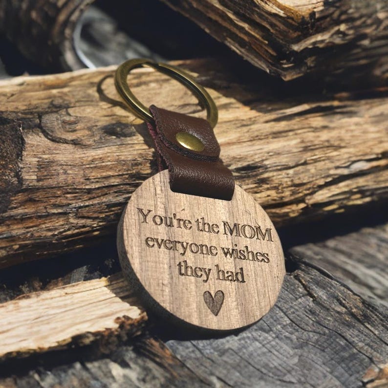 Personalized Wood & Leather Mom Keychain
