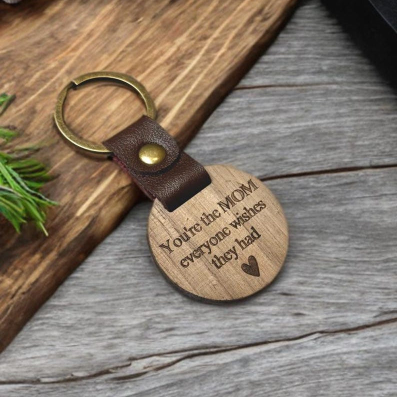 Personalized Wood & Leather Mom Keychain
