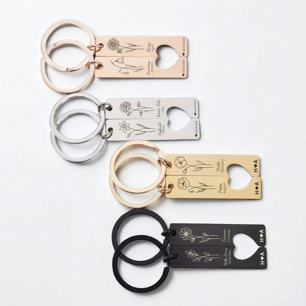 Personalised Birth Flower Keychain, Engraved Stainless Steel Keepsake, Custom Birth Month Gift, Mirror Finish Love Note Keychain