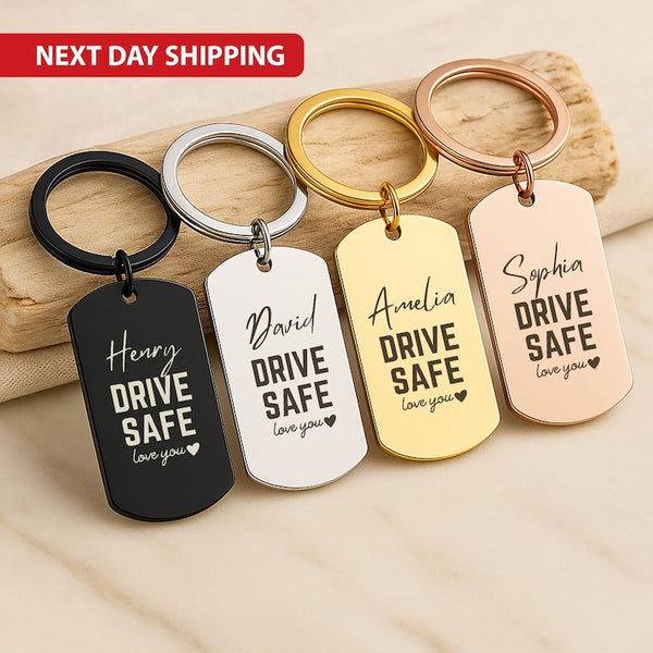 Personalized Drive Safe Keychain, Engraved Stainless Steel Car Keyring, Custom Name or Message Keyring, Thoughtful Gift for Loved Ones