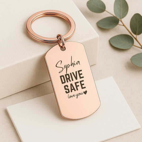 Personalized Drive Safe Keychain, Engraved Stainless Steel Car Keyring, Custom Name or Message Keyring, Thoughtful Gift for Loved Ones