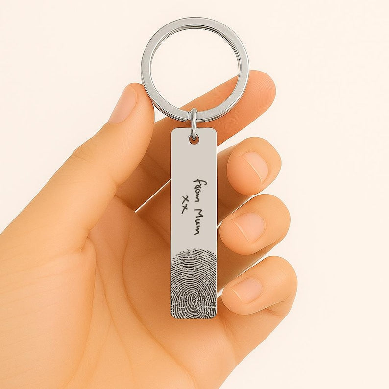 Fingerprint Handwriting Keychain, Custom Engraved Keepsake