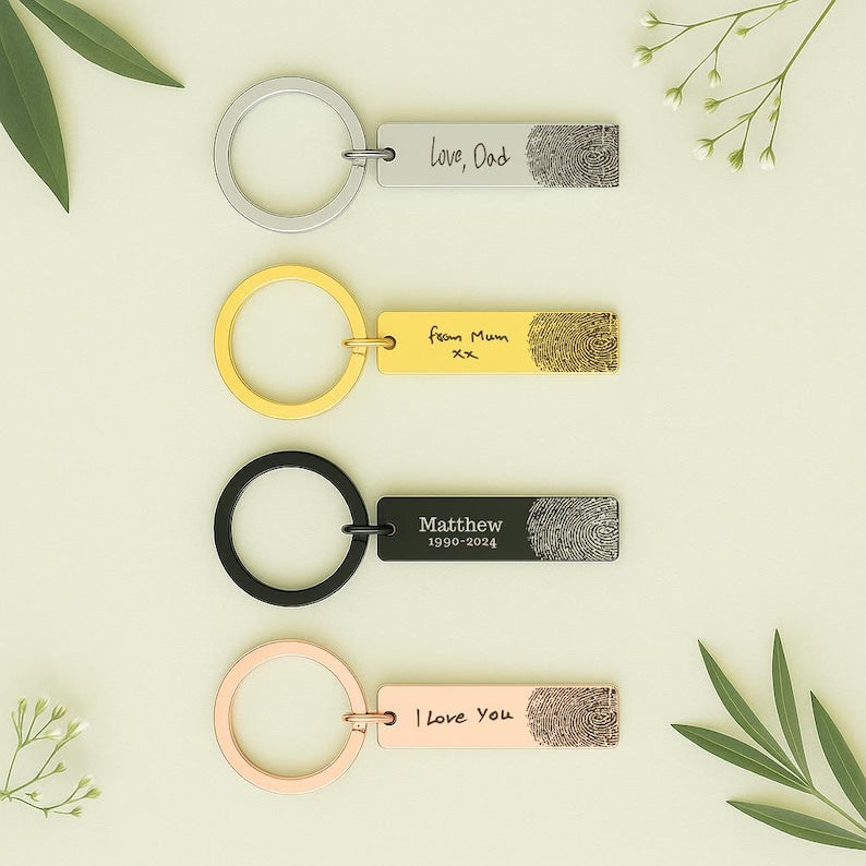 Fingerprint Handwriting Keychain, Custom Engraved Keepsake