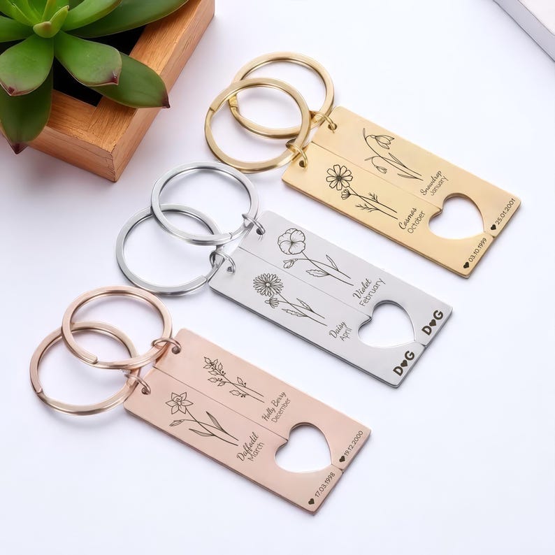 Personalised Mirror Finish Birth Flower Keychain