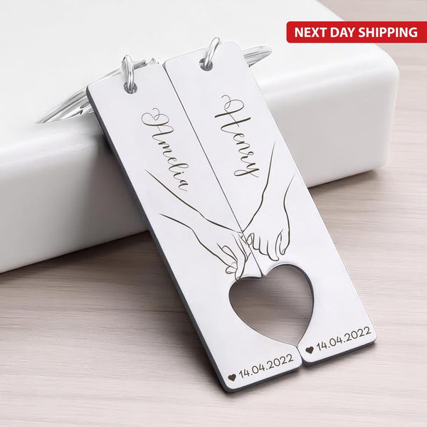 Engraved Heart Puzzle Keychain Set for Couples, Custom Stainless Steel Interlocking Keyrings, Romantic Keychain Gift for Anniversary