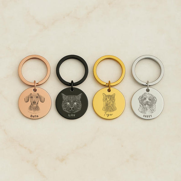 Personalised Pet Photo Keychain, Custom Engraved Pet Portrait Keyring, Round Stainless Steel Keepsake, Memorial Gift for Dog & Cat Lovers