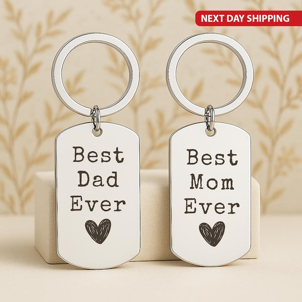 Best Mom & Dad Ever Keychain Set, Personalized Stainless Steel Couple Keychains, Thoughtful Gift for Parents, Anniversary or Family Keepsake