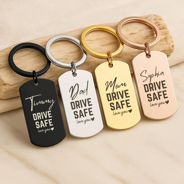 Personalized Drive Safe Keychain, Engraved Stainless Steel Keyring, Festive Keyring Holiday Keyring, Safety Reminder Custom Keyring Gift