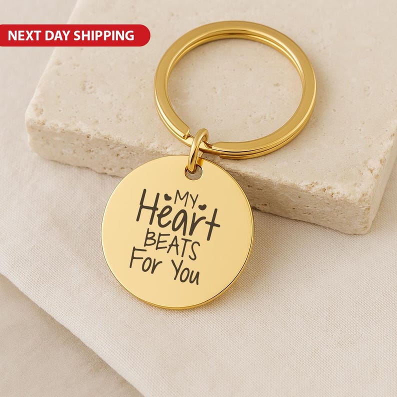 My Heart Beats for You Engraved Gold Keychain, Romantic Stainless Steel Keyring Gift, Anniversary Valentine Gift, Love Keepsake Keyring